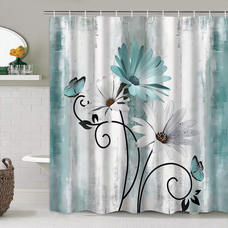 azhm ريفي مزرعة دش الستار مجموعة 4pcs مزرعة البط البري ديزي الزهور ديكور الحمام مجموعة مع ستارة دش والسجاد والاكسسوارات زهرة على البلد ستارة الحمام الخشبية مع 12 السنانير - Image 5